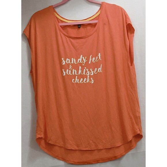Sandy Feet & Sun Kissed Cheeks Orange T-Shirt Women's XL Stretch Beach EUC - Picture 1 of 5